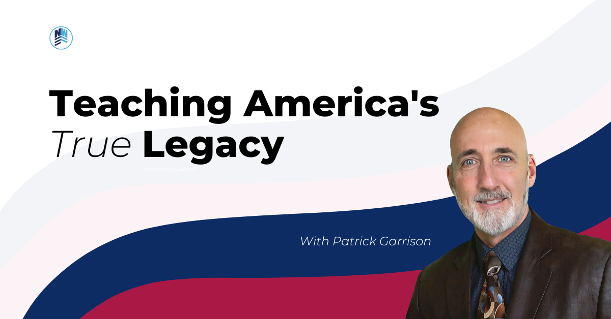 "Teaching America's True Legacy" title on red, white and blue background with