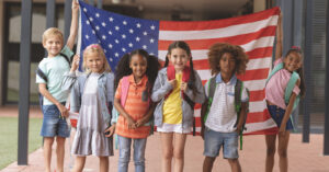 Children Hold UP American Flag at School